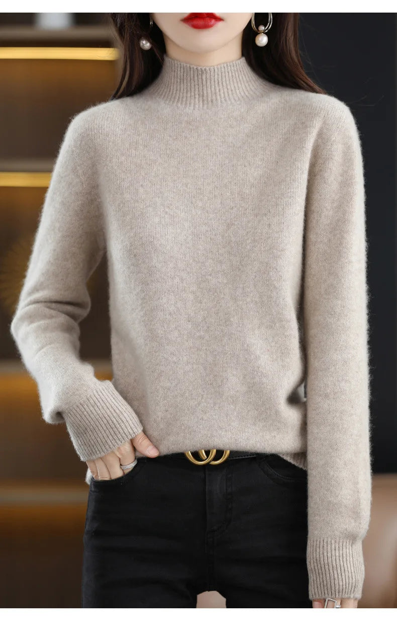 Half high collar women sweater slim fit knit top styled with satin skirt and boots, Korean fashion outfit look
