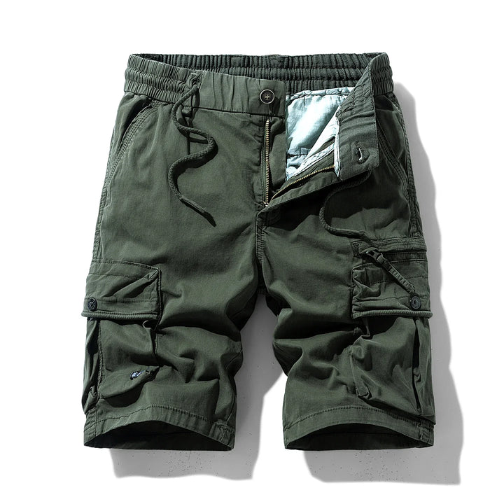 Original front view of army green cargo shorts with drawcords and buttoned thigh pockets.