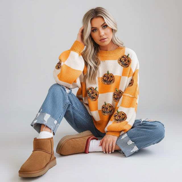 Women's Pumpkin Checkered Fall Sweater - Everyday Style