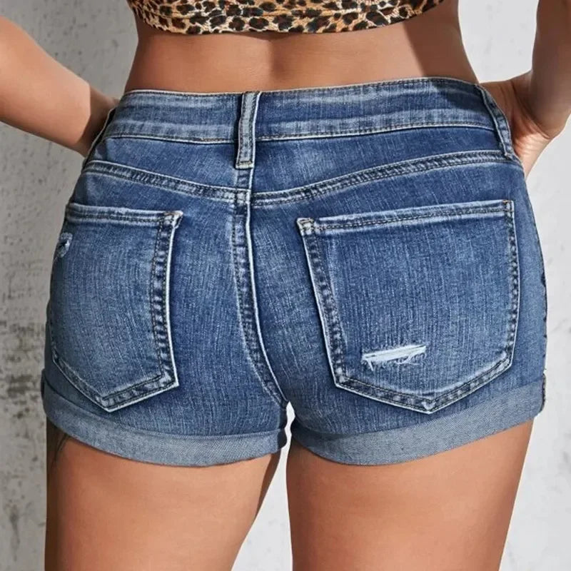 Sexy Mid-Waist Women's Split Denim Shorts – Light Blue Denim with Perforated Edges Exposed