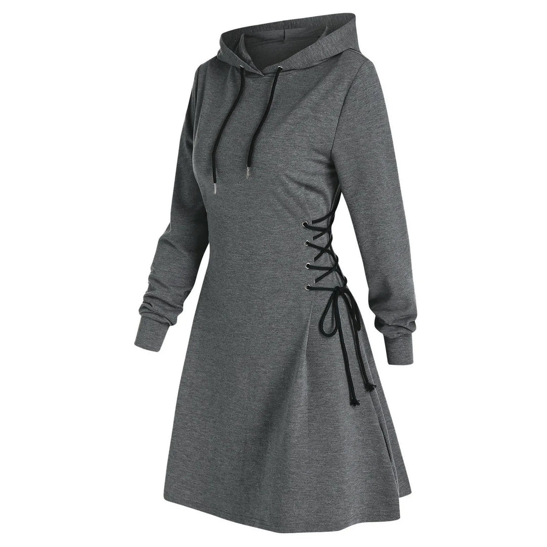 Dark gray hooded dress with silver eyelets and side ties, product view