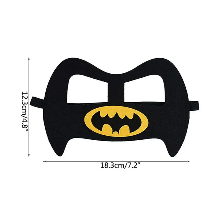 Black felt bat mask with a yellow oval emblem and two rectangular eye openings, displayed with source width and height labels
