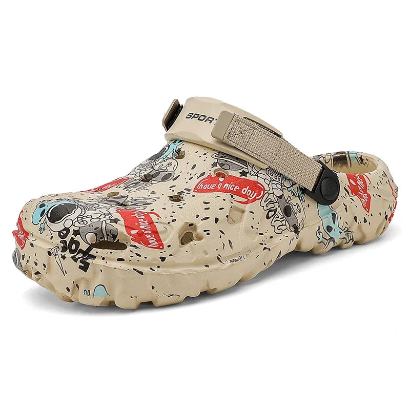 Khaki graffiti clog with a matching strap, front angle