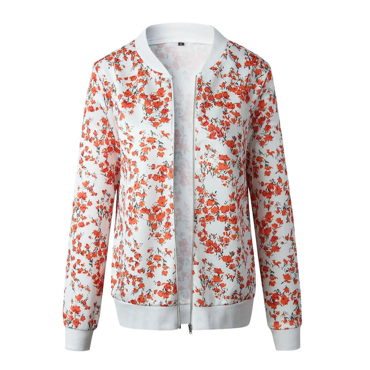 Flower White printed jacket front view on white, with small coral-red flowers, grey foliage and white ribbed trim on display.