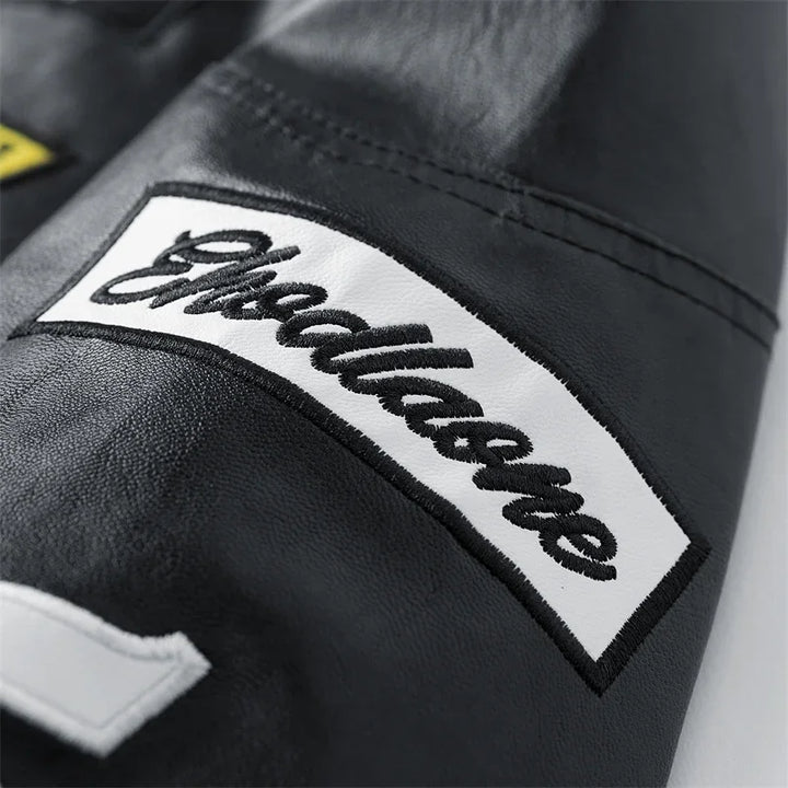 Black jacket sleeve patch detail