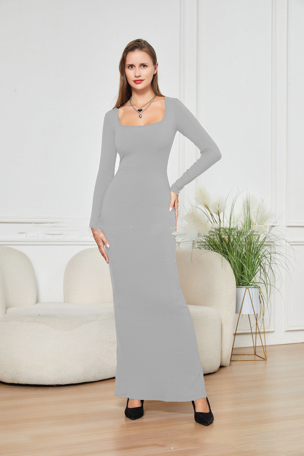 Shaping Bodycon Dress – Brown square neck, 360° smoothing, sizes XS–3XL