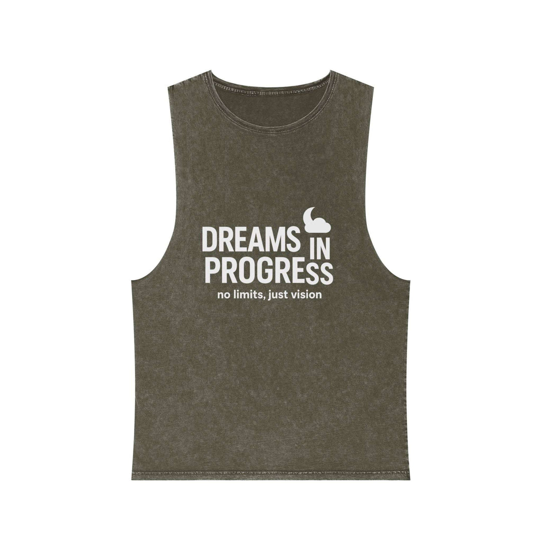 Stonewash motivational tank top with slogan print