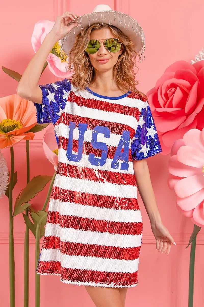 Side view of BiBi USA flag sequin dress showing slim fit

