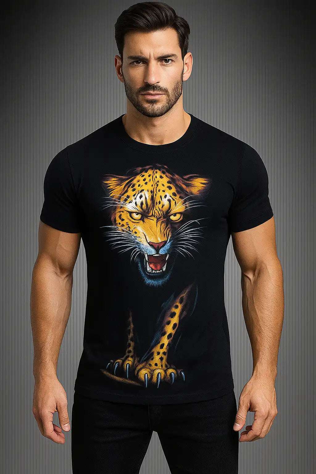 Young man wearing a medium-length personalized T-shirt outdoors

