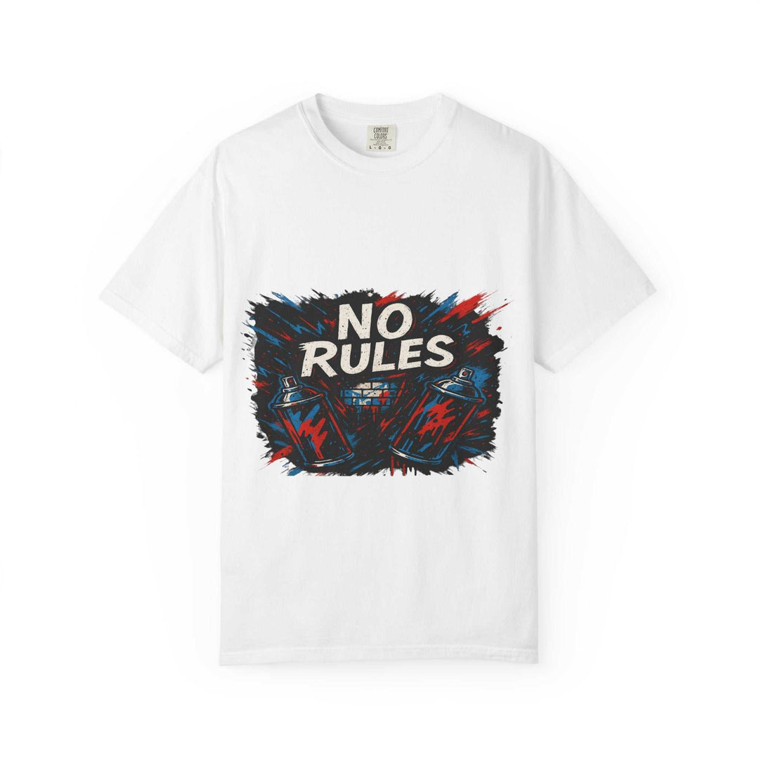 White unisex tee with No Rules spray paint graphic