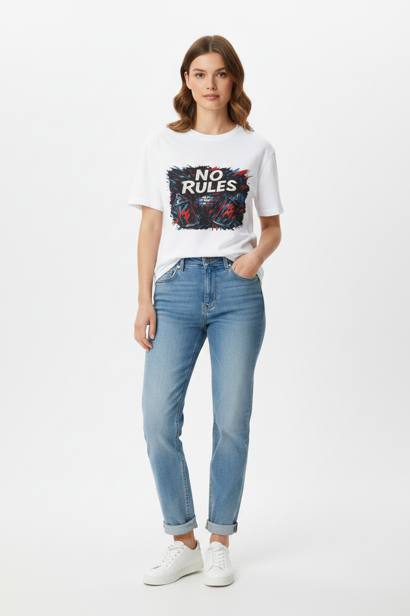 Front view of a garment-dyed unisex graphic tee with bold No Rules text