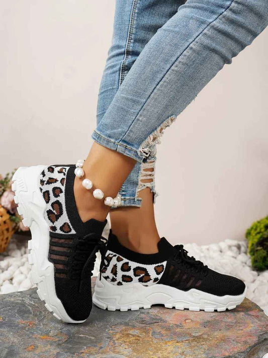 Leopard Cutout Mesh Lace-Up Sneakers - Stylish Flats