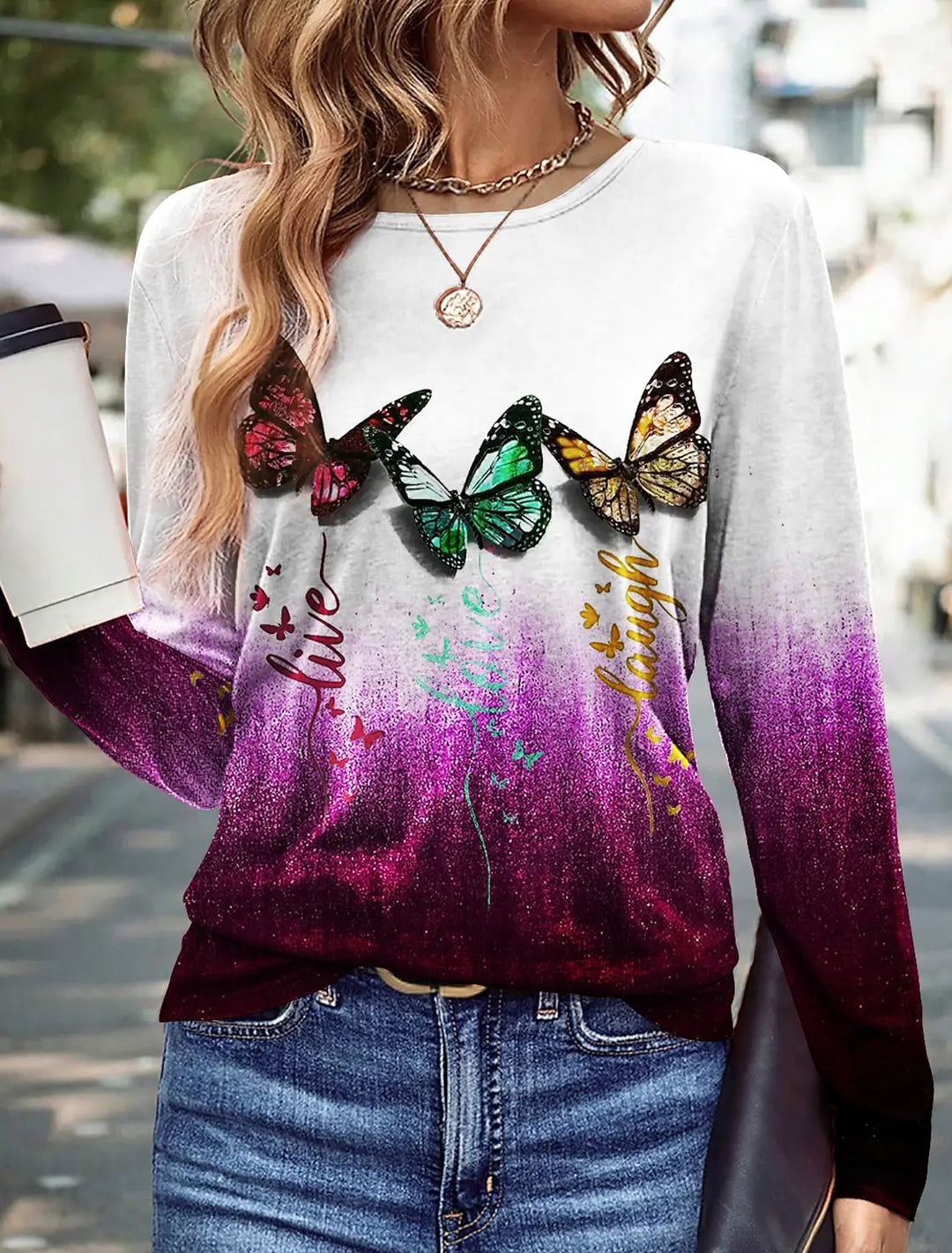 Side Profile Highlighting Regular Fit of Floral Butterfly 3D Print Long Sleeve Women&
