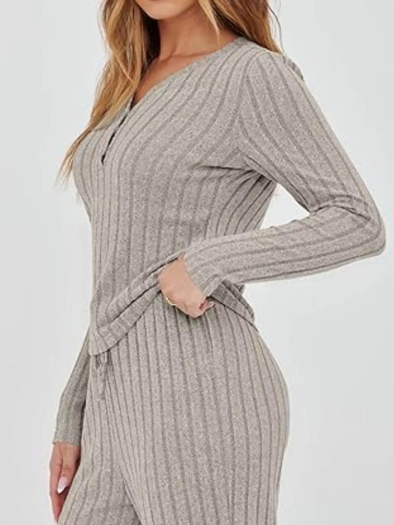 Side Profile of Women's Ribbed Knit Long Sleeve Top and Pants Set Showing Drawstring Details.