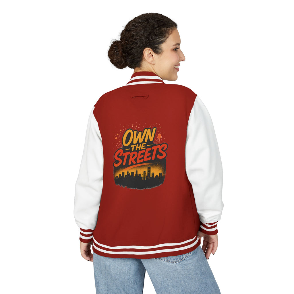 Side angle of heavyweight varsity jacket in emerald green, worn open for a relaxed and confident vibe

