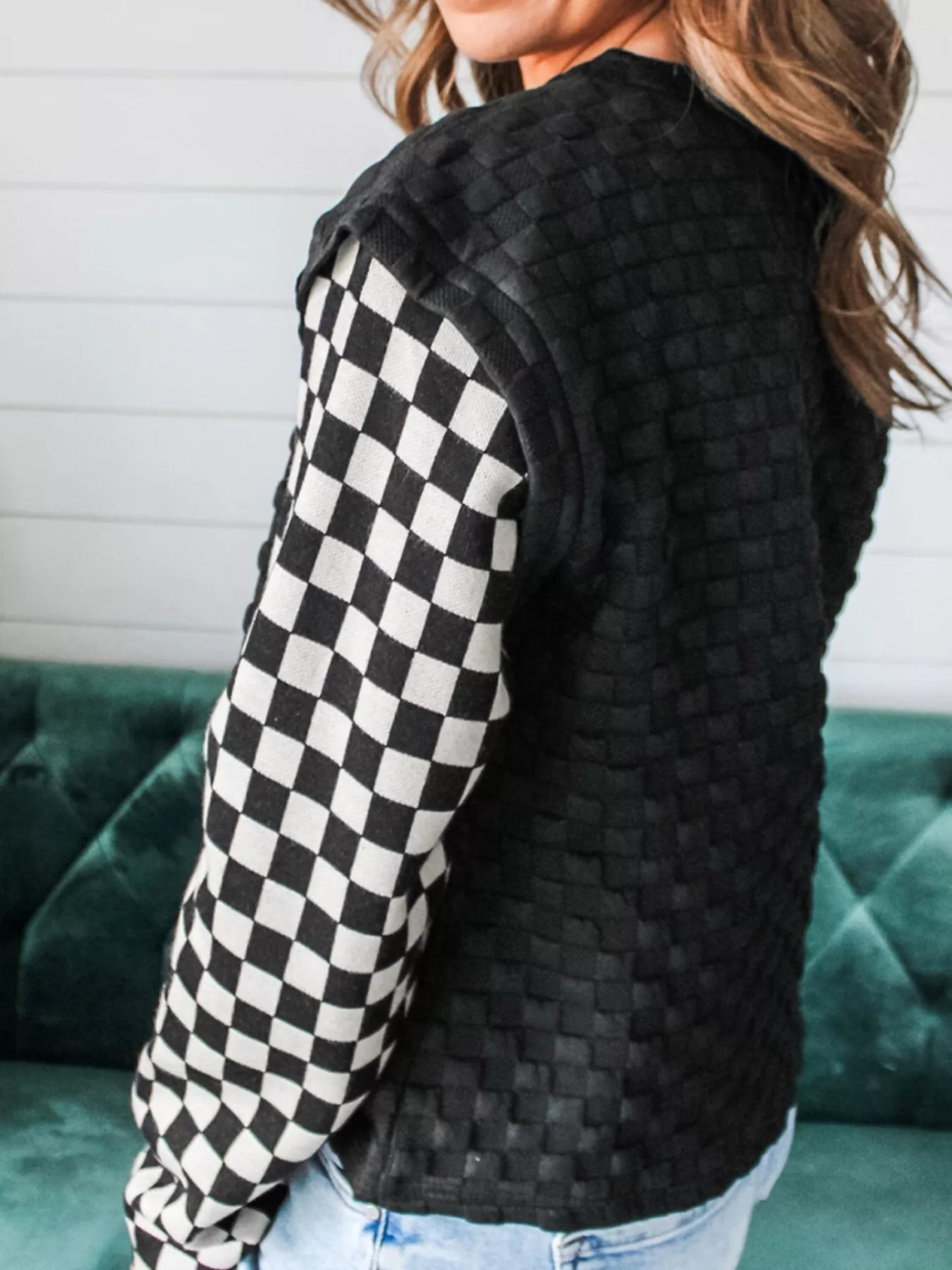 Side profile – checkered patchwork long sleeve top easy drape
