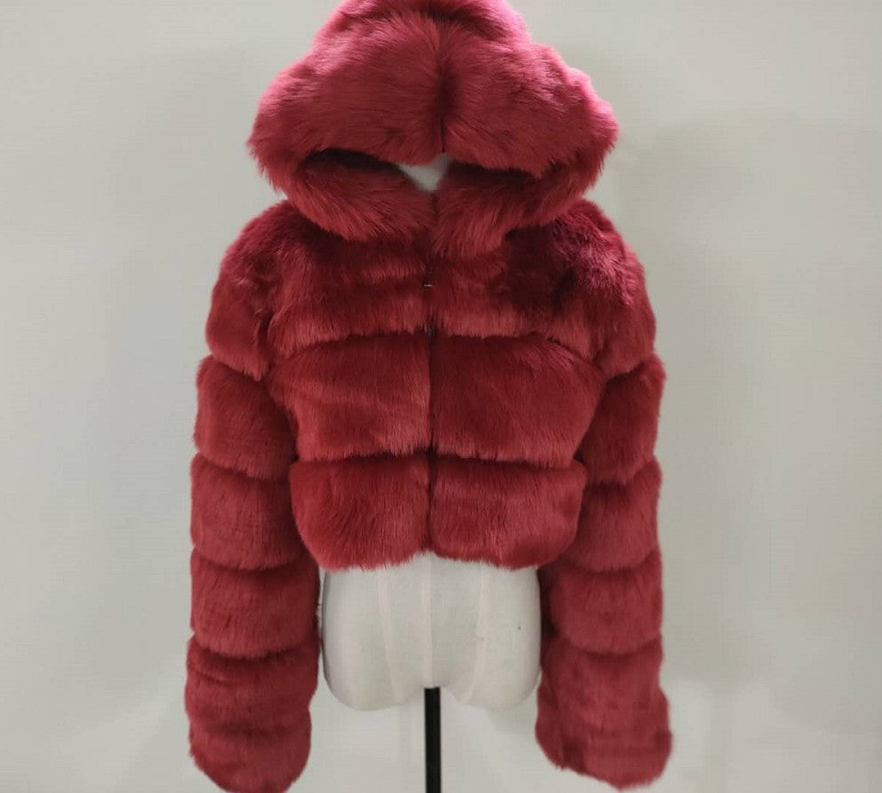 Side profile – hooded faux fur coat for women, elegant fit