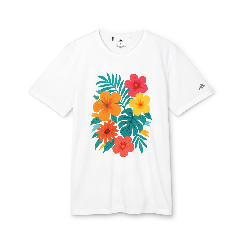 Side profile of the Tropical Floral Sport T-shirt’s open hem sleeves and regular fit.

