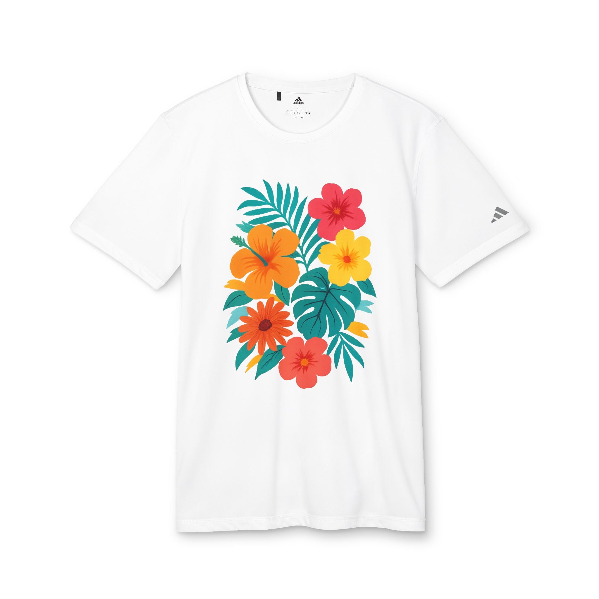 Side profile of the Tropical Floral Sport T-shirt’s open hem sleeves and regular fit.

