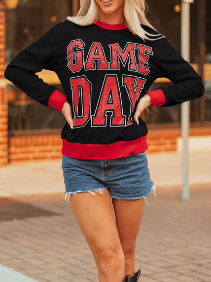 Side profile showing baggy silhouette of Game Day Varsity Sweatshirt