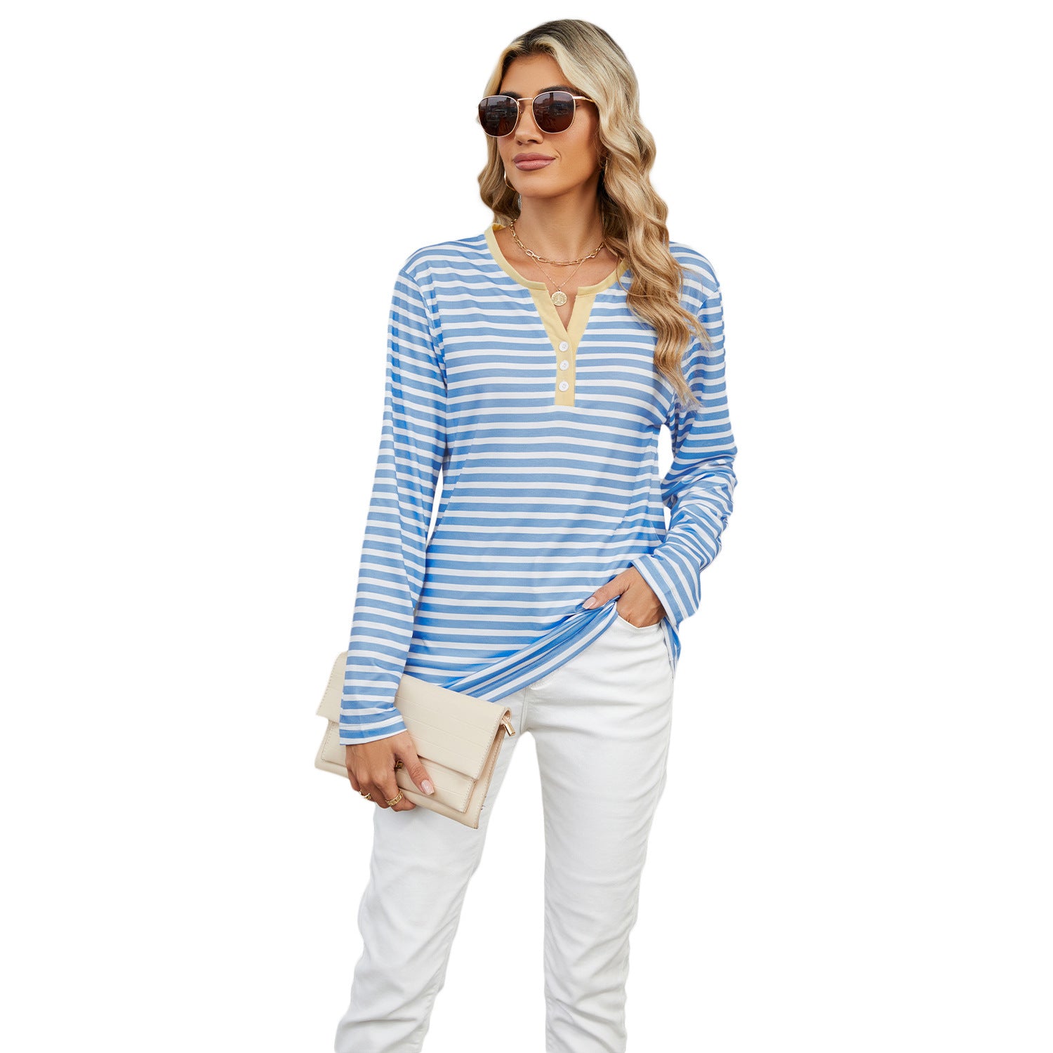 Side profile view of the dark blue Striped V-neck T-shirt, illustrating the flattering medium length and comfortable drape.


