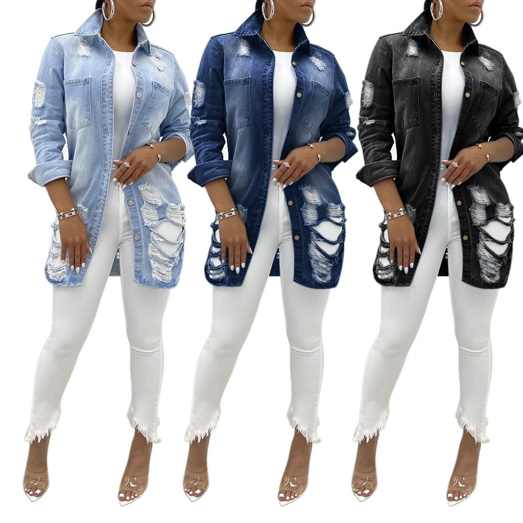 Side view of Sexy Ripped Denim Jacket for Women with raw-edge hem and sleeve slit.

