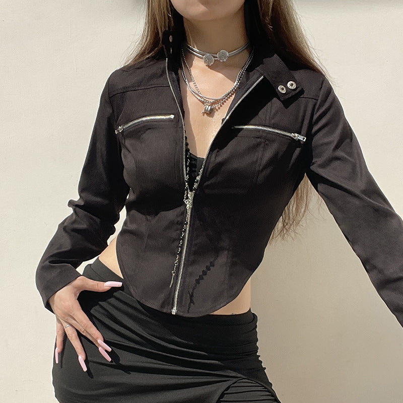 Side view of slim fit short jacket with stand collar

