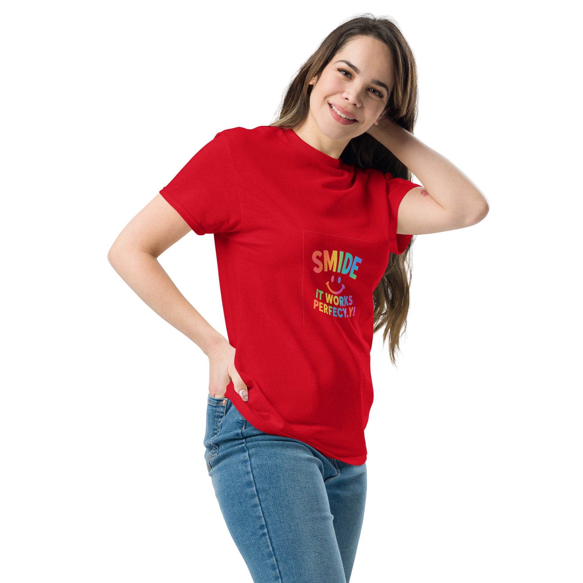 Side view of the classic tee’s double seams at sleeves and hem for reinforced style.

