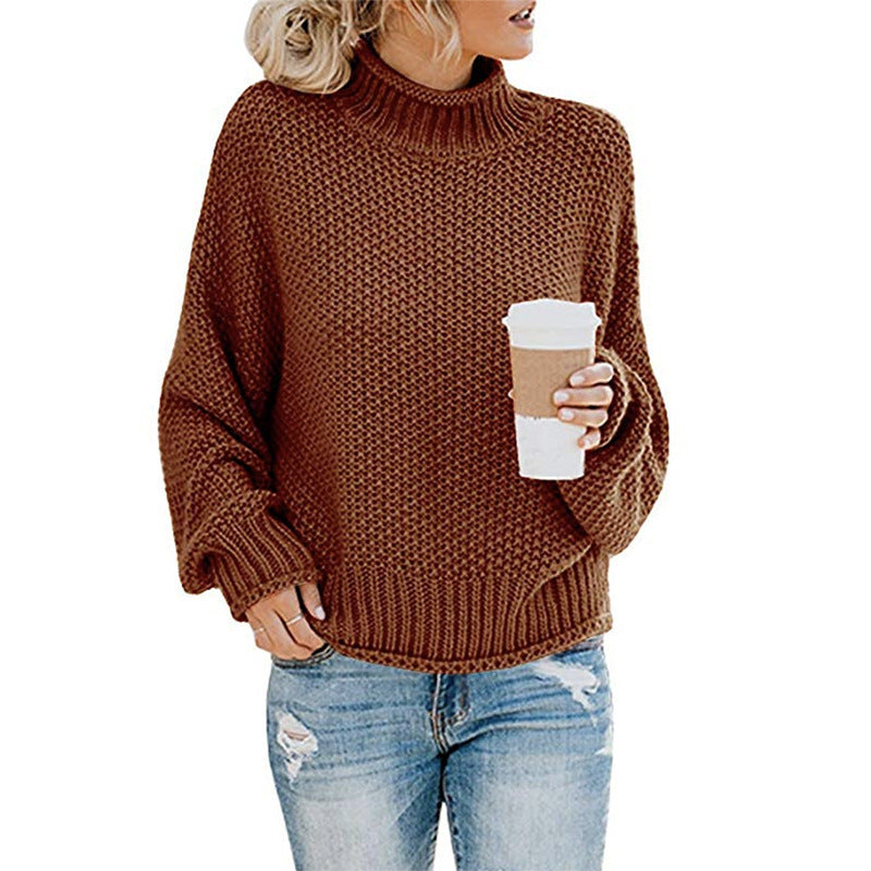 Side view of women’s turtleneck pullover sweater – smooth silhouette