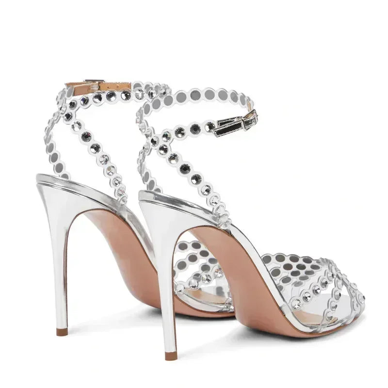 Side view – slim thin heel silver rhinestone heels for weddings