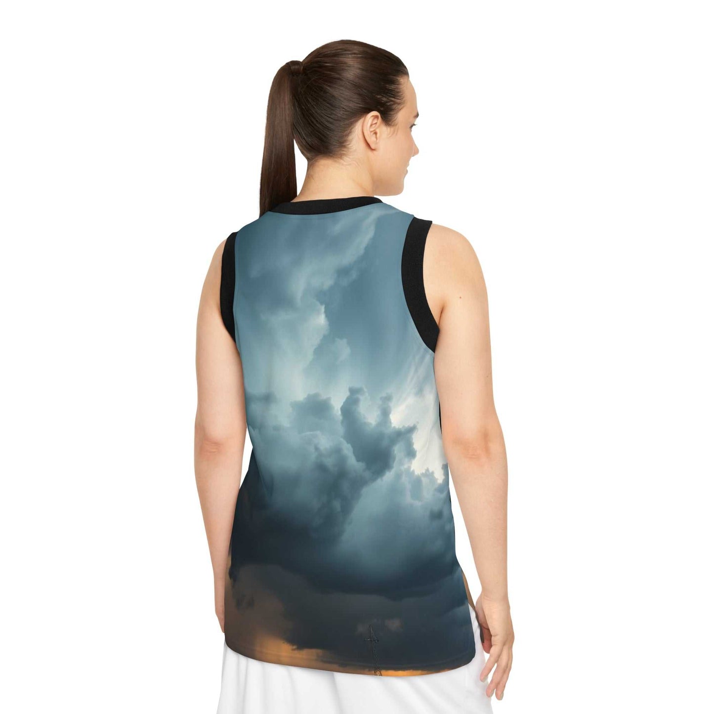 Unisex Sky Vibes basketball jersey with storm cloud print