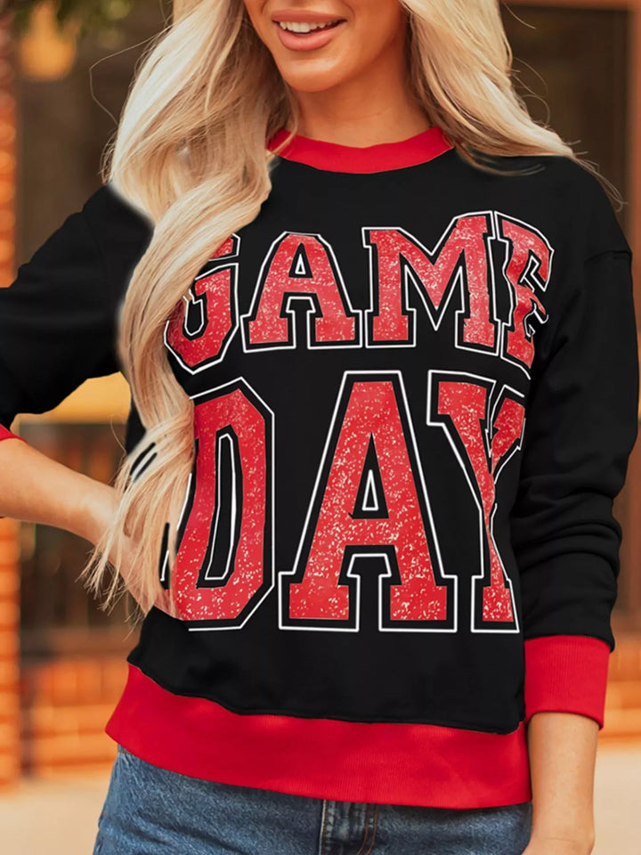 Sleeve stripe detail spotlight on Game Day Letter Graphic Varsity Sweatshirt