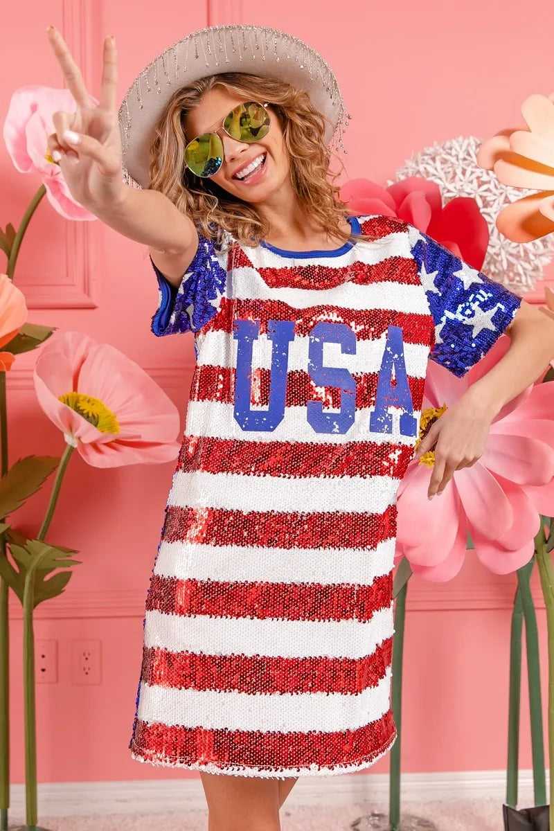 Sleeveless American flag dress with sparkly detail

