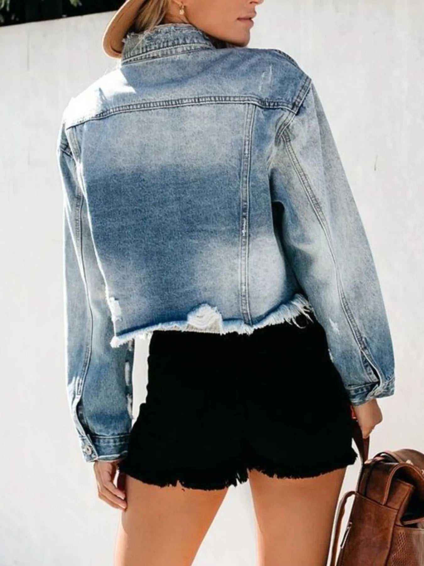 Distressed Denim Jacket for Women – Raw Hem, Trendy Fit
