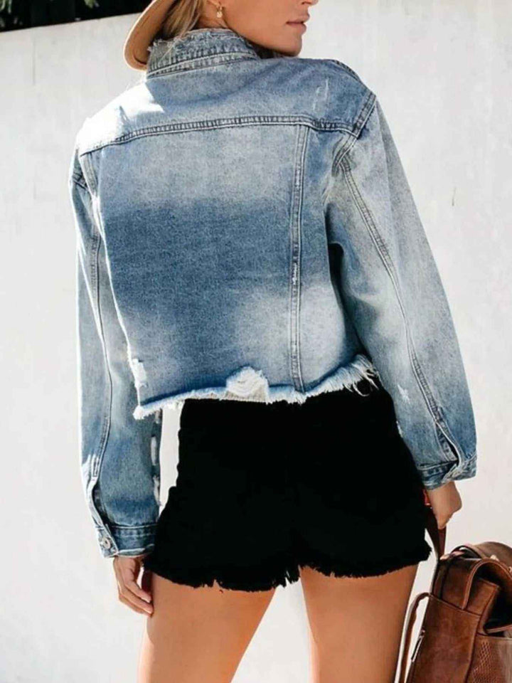 Distressed Denim Jacket for Women – Raw Hem, Trendy Fit