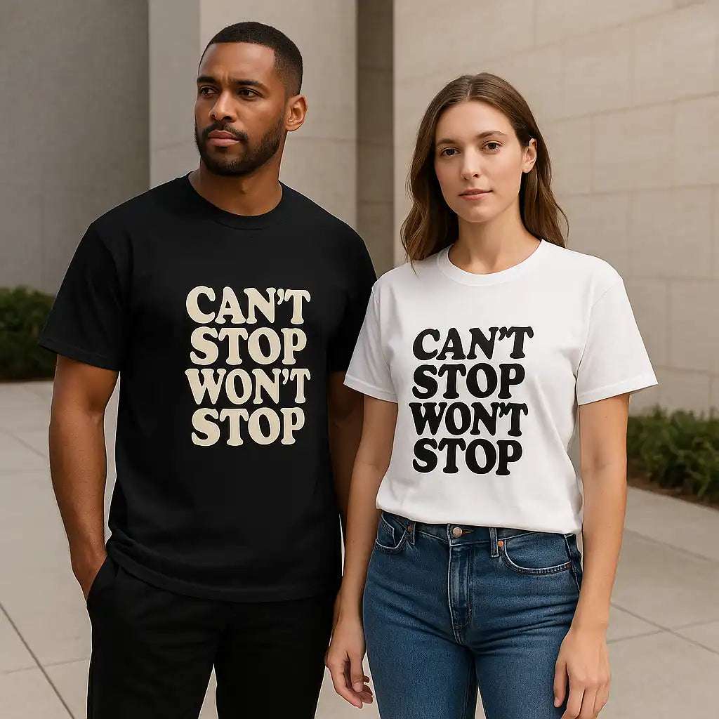 Close-up of ribbed collar on Can't Stop Won't Stop Tee for detail and comfort

