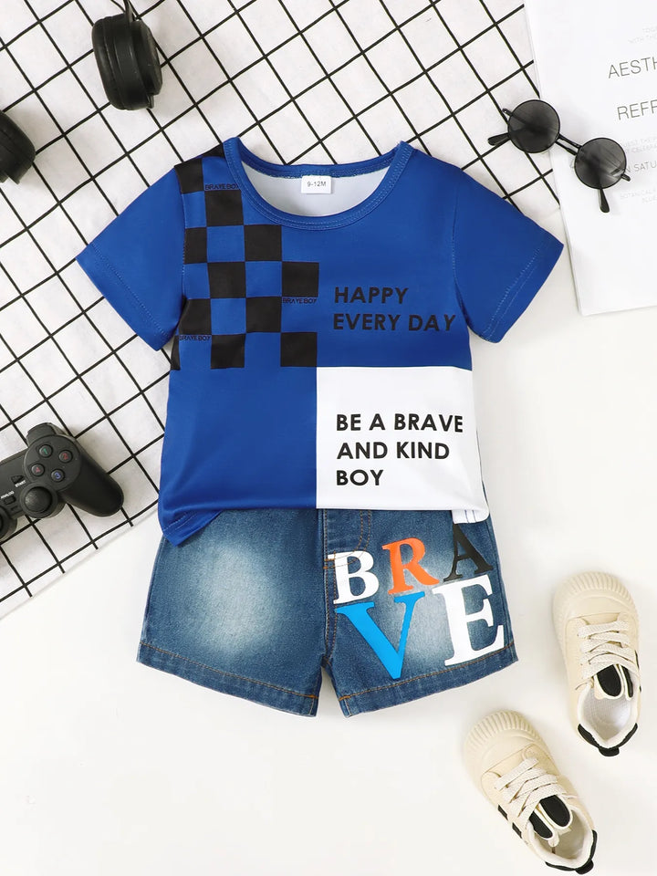Kids Denim Shorts Set – Stretch Letter Tee &amp; Blue Denim