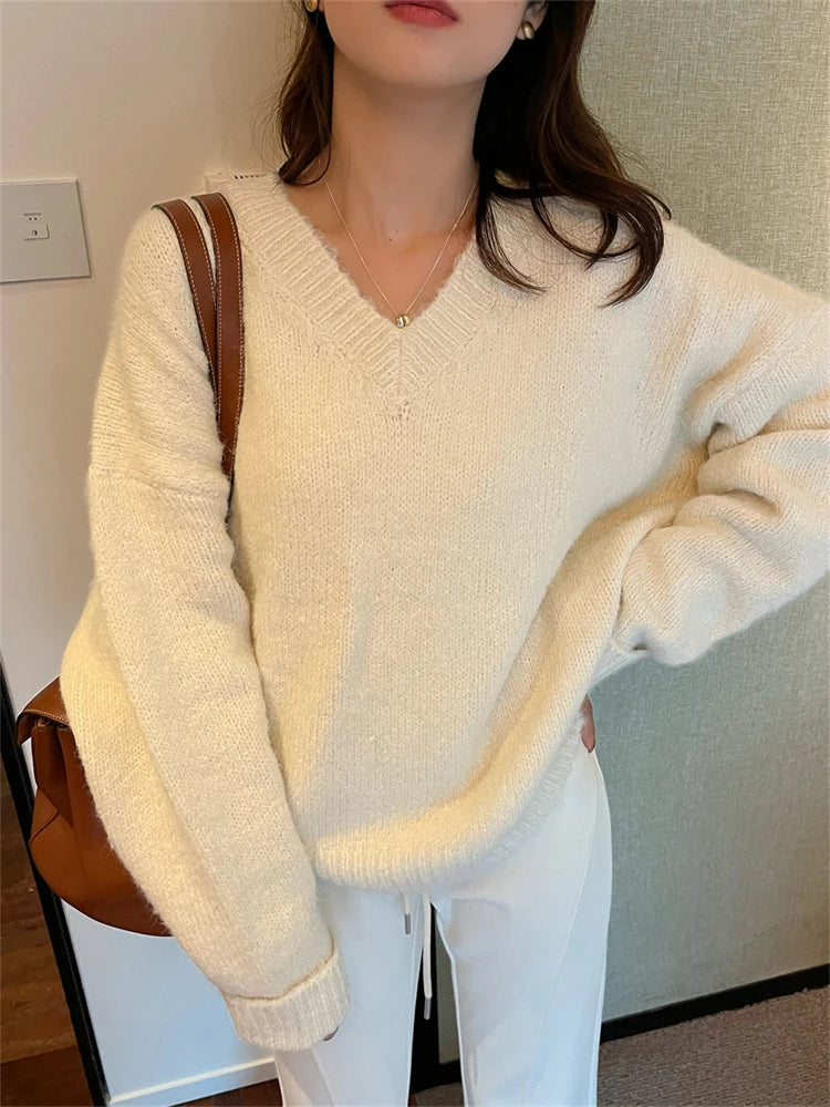 Soft V-Neck Pullover Women Lightweight Sweater Minimalist Style Elegant Loose Fit High Stretch Comfortable Casual Top All Season Premium Quality
