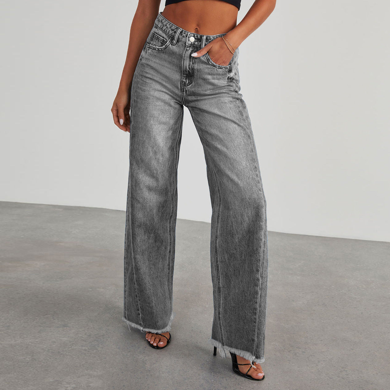 Soft and Durable Denim Blend Wide-Leg Jeans for Women

