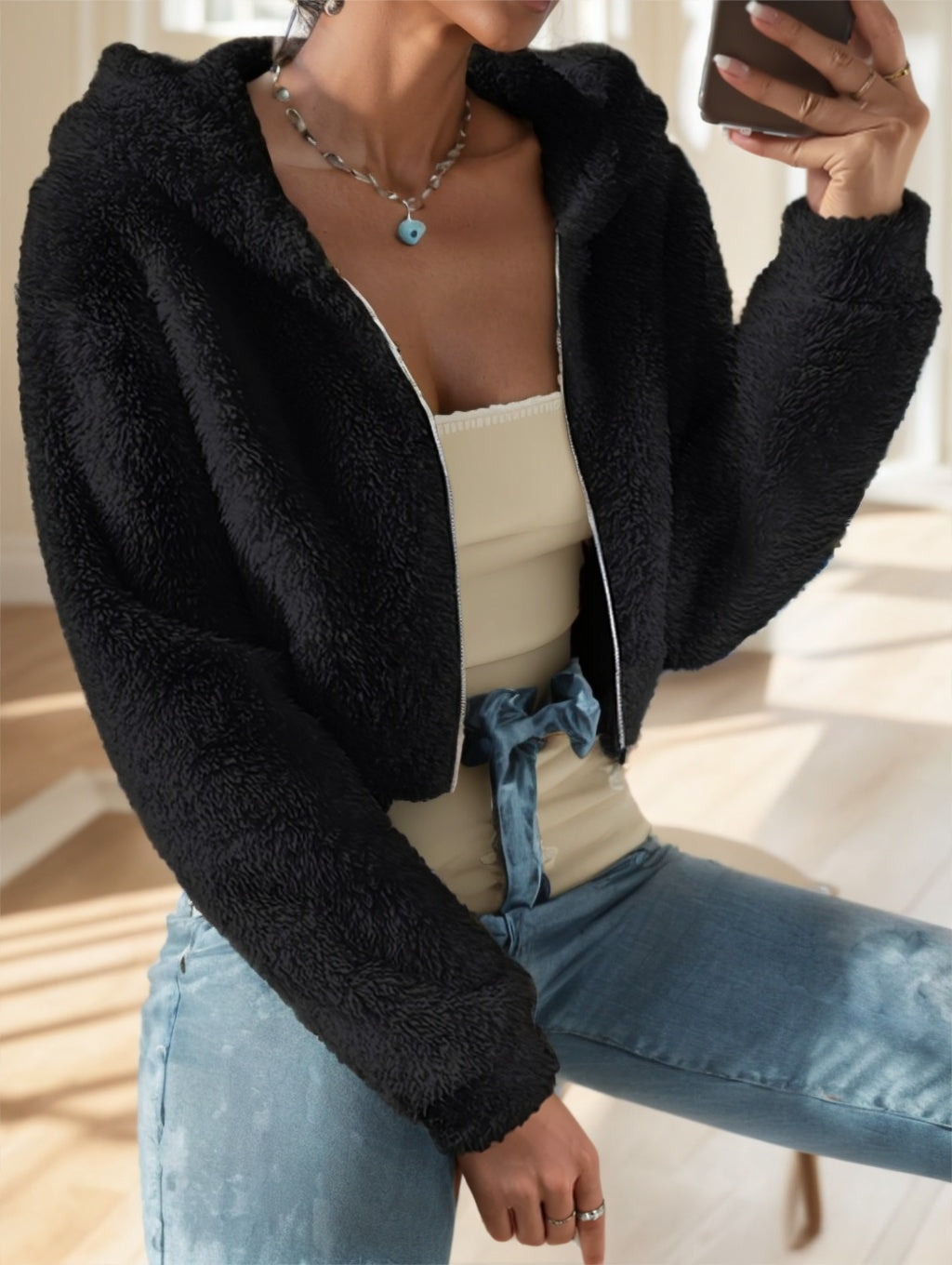 Solid Color Zip-Up Teddy Hoodie – Back view hood and seams