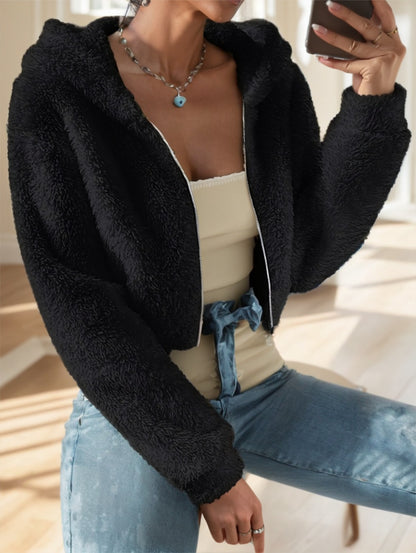 Solid Color Zip-Up Teddy Hoodie – Back view hood and seams