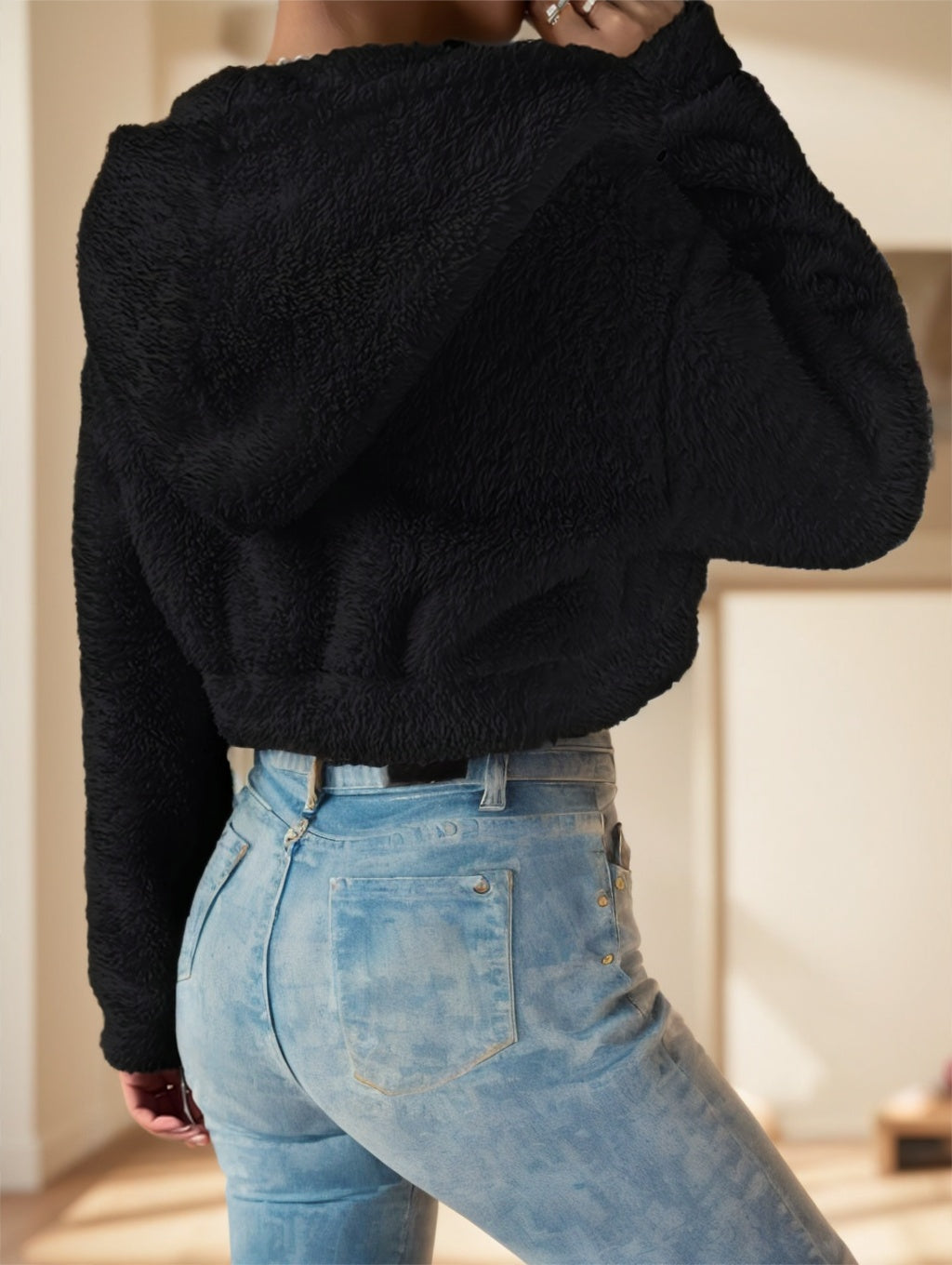 Solid Color Zip-Up Teddy Hoodie – Hood up close-up