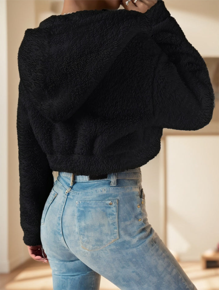 Solid Color Zip-Up Teddy Hoodie – Hood up close-up