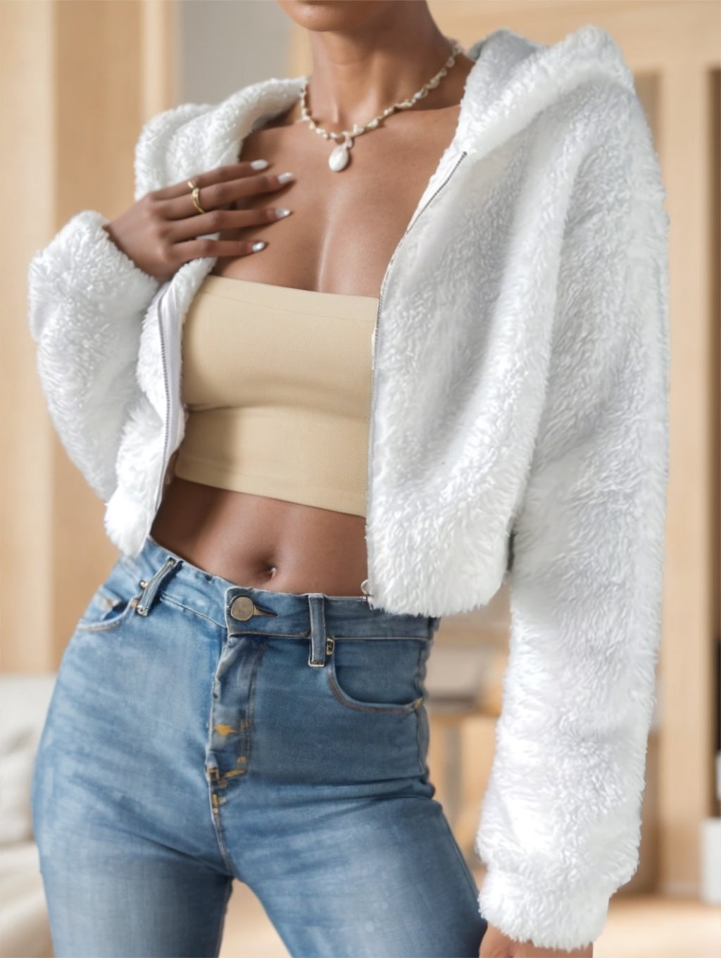 Solid Color Zip-Up Teddy Hoodie – Texture detail teddy fleece