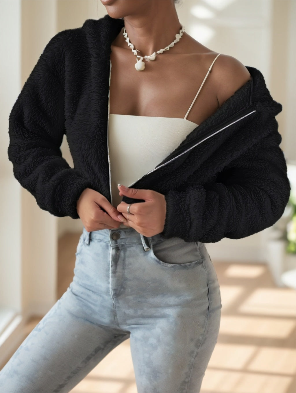 Solid Color Zip-Up Teddy Hoodie – Unzipped layered look