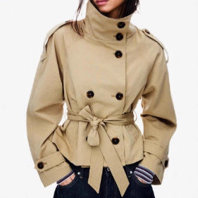 Solid Sophistication: Women's Short Trench Coat Featuring Conventional Sleeves
