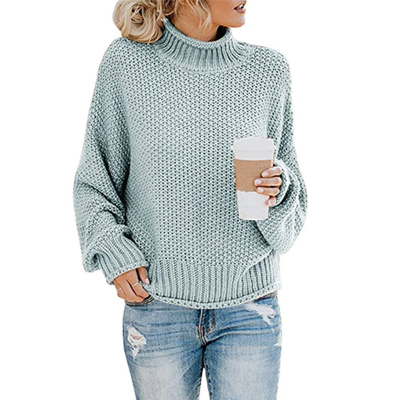 Solid color turtleneck pullover sweater – relaxed fit, long sleeves