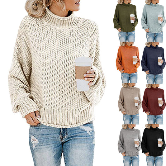 Solid turtleneck pullover sweater paired with jeans – everyday cozy look