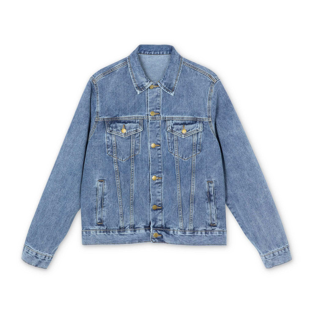 Close-up of lapel collar and metal button closure on denim jacket.

