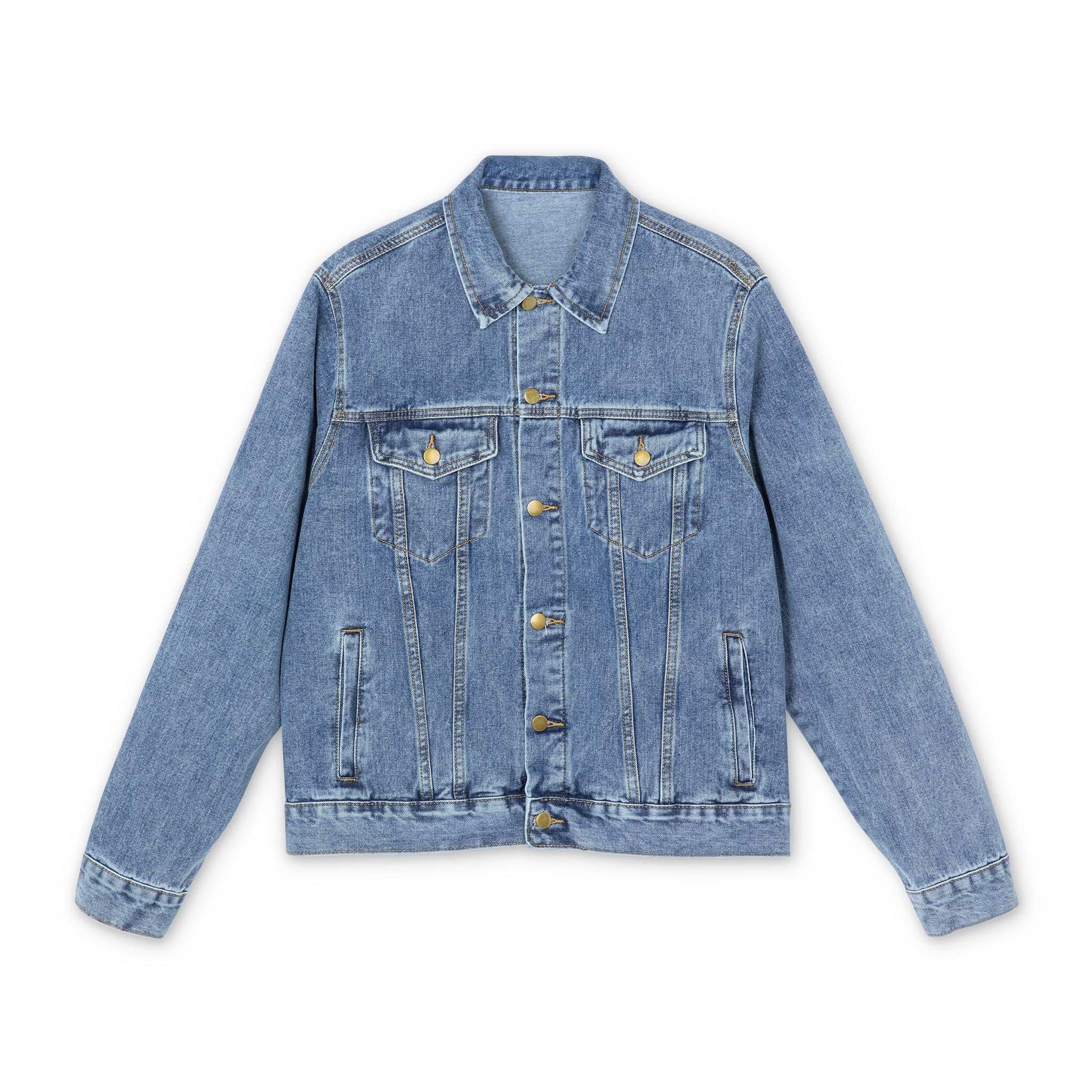 Close-up of lapel collar and metal button closure on denim jacket.


